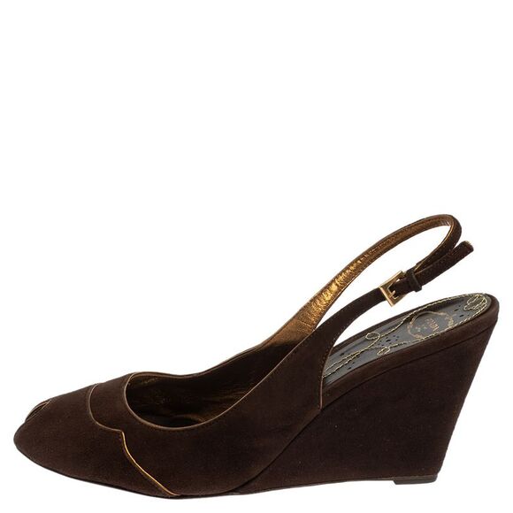 Prada Brown Suede Wedge Peep Toe Sandals Size 41 - Picture 2 of 4